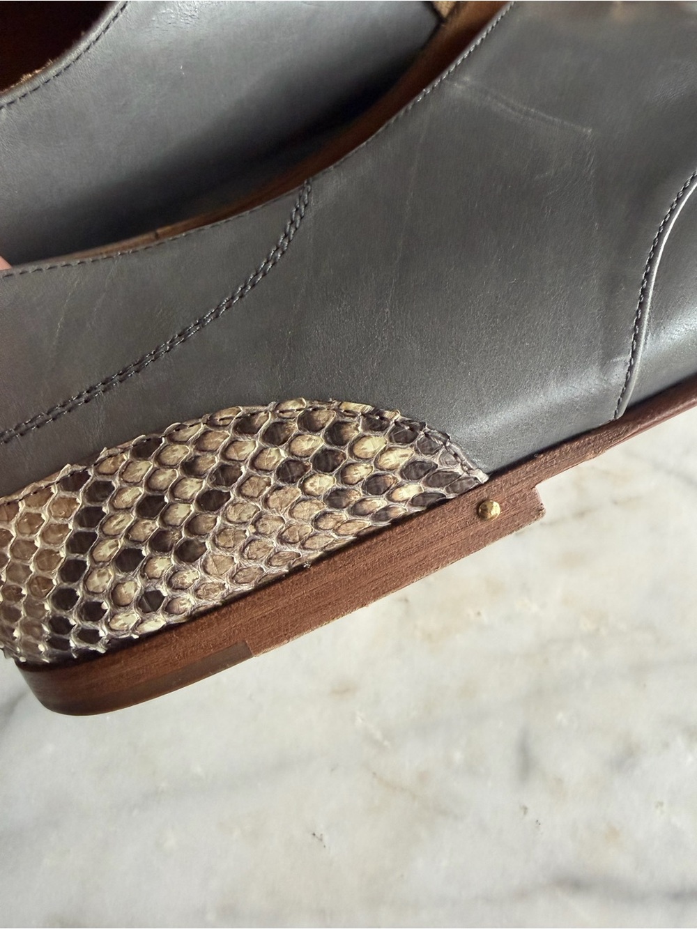 Chloe Men's Gray Leather Oxfords with Tan Laces and Snakeskin Accent - Picture 5 of 6
